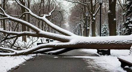 Large fallen tree blocking pedestrian walkway after heavy snowfall, creating impassable route. Snow covered fallen tree blocking walkway, branches spanning park path, demonstrating storm impact.