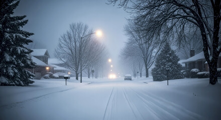 Heavy snowfall blankets suburban street, dramatically reducing visibility for drivers. Evening heavy snowfall transforms residential neighborhood into a winter scene.