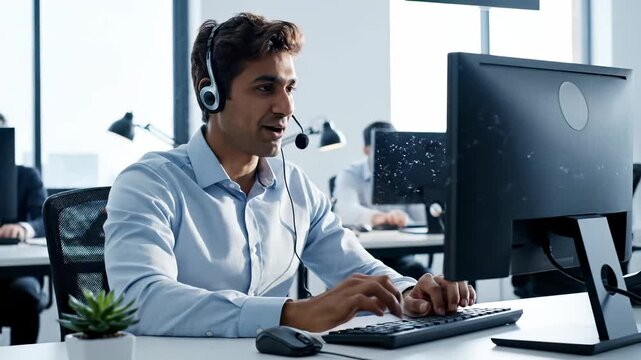 Customer service agent types on keyboard with headset in office. Call center operator works at computer desk. Agent smiles during customer call. Service representative with headset at office.