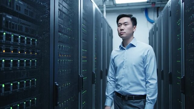 IT professional checking server room lights and touching equipment
