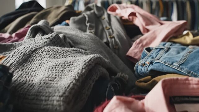 Clothes pile on floor near rack