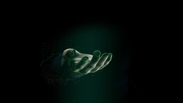 Futuristic hand gesture with glowing green particles in dark space, Futuristic hand gesture with digital particles