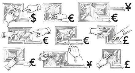 Hands navigating mazes to reach different currency symbols.