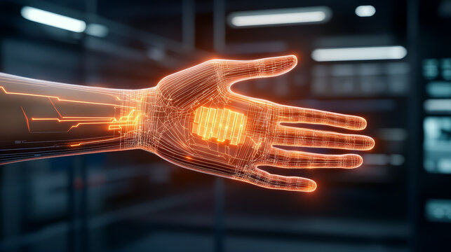 Glowing cybernetic arm with intricate digital details, high fidelity orange light, futuristic technology, artificial intelligence, innovation, and advanced robotics