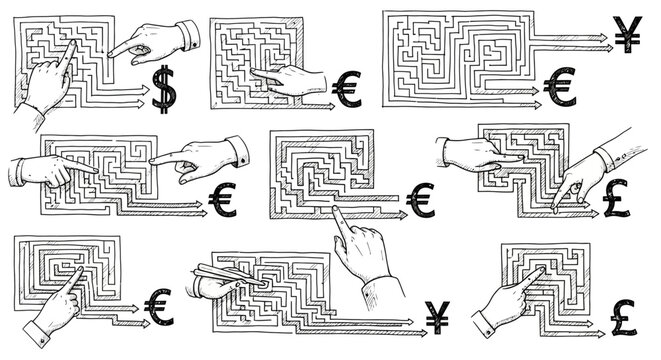 Hands navigating mazes to reach different currency symbols.