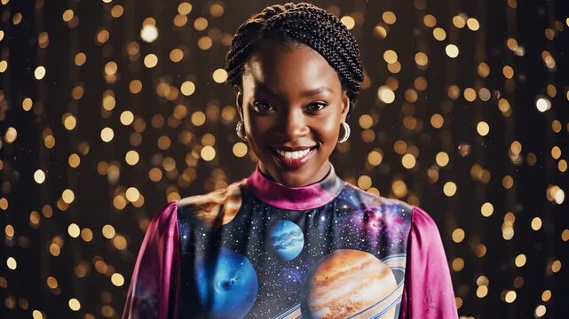 A woman with braided hair stands confidently in a brightly colored dress featuring space-themed designs. The background sparkles with warm bokeh lights, enhancing the woman's striking presence.