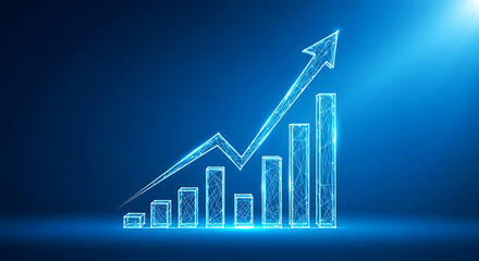 Glowing blue bar chart with arrow on dark blue background