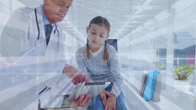 Animation of network of connections and media icons over businessman at unk