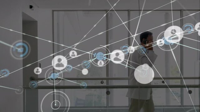 Animation of network of connections with icons over green glowing frame