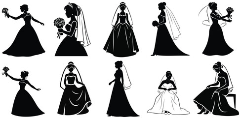 Elegant silhouettes of brides in various beautiful wedding gowns, showcasing bridal style and grace.