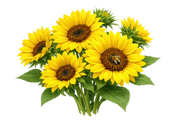 Obraz premium Sunflowers bouquet with a honey bee collecting pollen, vibrant yellow petals and green leaves, transparent background