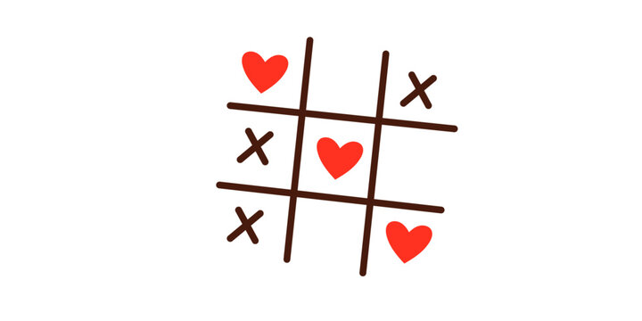 Cute tic tac toe game with hearts and x's on grid