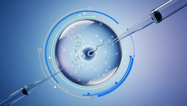 Micropipettes performing intracytoplasmic sperm injection into a human ovum under blue light, showing microinjection, genetic strands and assisted reproductive technology