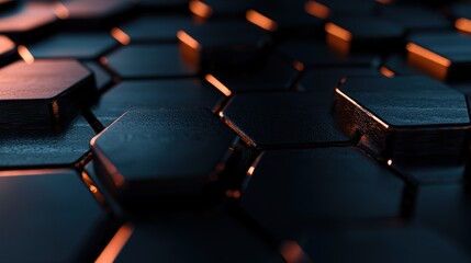 Obraz premium A close-up view of a dark hexagonal metallic surface with orange accents and reflective properties in a futuristic environment