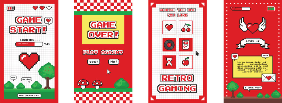 Instagram stories template pixel art retro vintage game illustration style social media posts