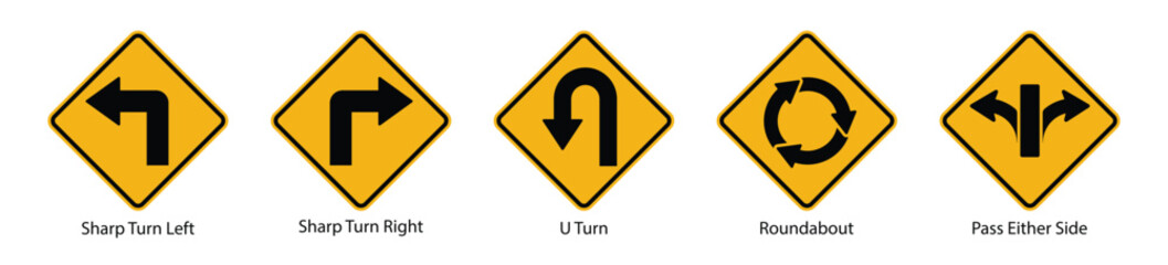 yellow sharp turn u turn roundabout road traffic warning sign set vector illustration © VectorVista