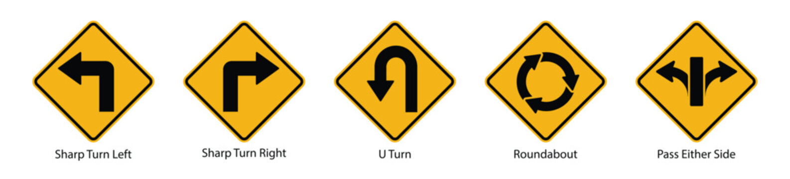 yellow sharp turn u turn roundabout road traffic warning sign set vector illustration