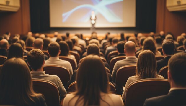 Diverse audience fills a large auditorium, attentively watching a presentating speaker on stage with a screen displaying a graphic, representing learning and professional development