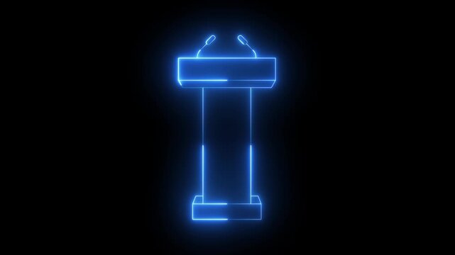 Glowing neon Podium Tribune Rostrum Stand with Microphones icon isolated on black background. Stage stand or debate podium rostrum icon animation. Conference speech tribune. 4k video animation.