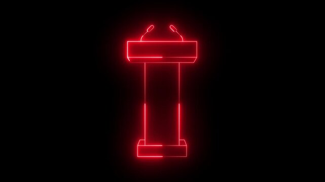 Glowing neon Podium Tribune Rostrum Stand with Microphones icon isolated on black background. Stage stand or debate podium rostrum icon animation. Conference speech tribune. 4k video animation.