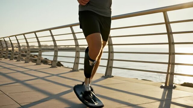 Amputee runner jogs on waterfront boardwalk with prosthetic leg. Athlete with prosthesis exercises near ocean. Runner trains on boardwalk. Amputee athlete jogs outdoors. Prosthetic leg enables running