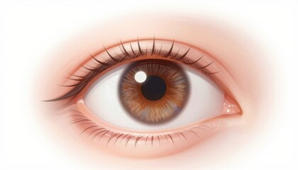 Closeup of a detailed brown human eye with natural eyelashes and soft skin tones, showcasing intricate iris patterns and eyelid textures. Ideal for medical or beauty concepts.