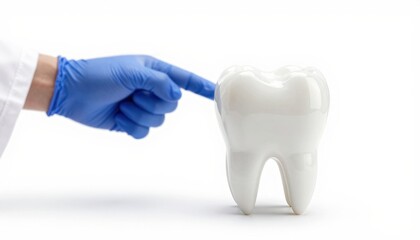 Close-up of a gloved dental professional?s hand pointing at a large, clean tooth model, symbolizing dental care, oral hygiene, and dentistry concepts.
