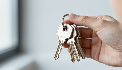 Close-up of a hand holding a bunch of metal keys attached to a keyring, symbolizing security, access, and property ownership concepts.