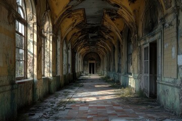 Fototapeta premium Abandoned corridor with peeling walls and overgrown floor in a derelict building