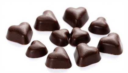 Close-up of heart-shaped dark chocolates arranged on a white surface, perfect for Valentine's Day, gifts, desserts, and romantic occasions.