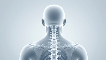 3D visualization of the human neck spine anatomy showing vertebrae and shoulder bones from a rear perspective against a gray background.