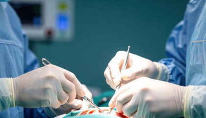 Closeup of a surgical team in sterile gloves performing a precise operation in a modern operating room under bright surgical lights.