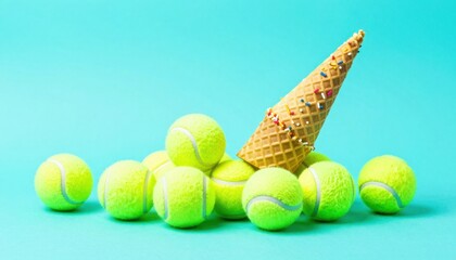 Bright yellow tennis balls and a waffle ice cream cone with colorful sprinkles contrast on a vibrant blue background in a creative playful concept image.