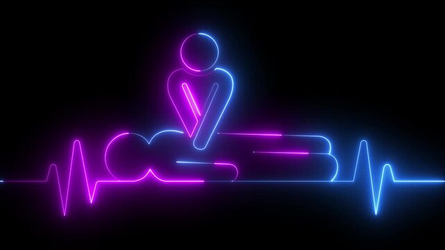 neon heartbeat icon animation. CPR chest compressions showing medical resuscitation technique for training, safety, and emergency education. CPR chest compressions heartbeat signal icon. 4k video.