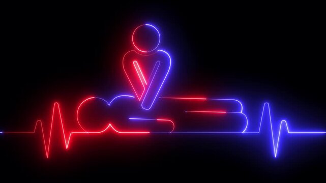 neon heartbeat icon animation. CPR chest compressions showing medical resuscitation technique for training, safety, and emergency education. CPR chest compressions heartbeat signal icon. 4k video.