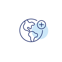 Global access, location add. Earth and plus symbol. Pixel perfect, editable stroke vector icon