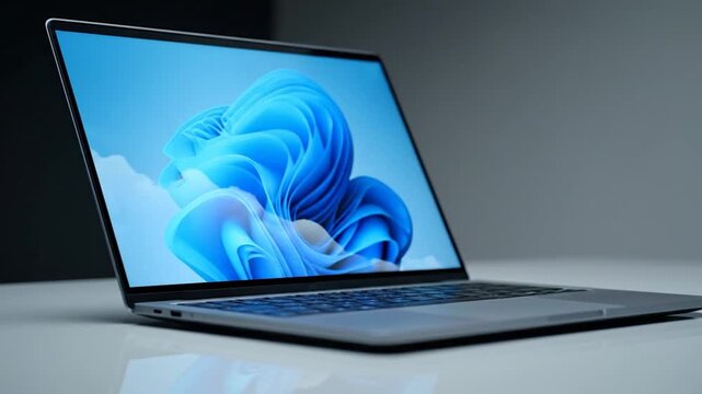 Modern laptop with windows 11 desktop on screen, showing dynamic blue flowing fabric abstract motion footage
