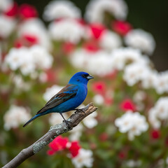 Obraz premium Indigo Bunting Bird Perched on a Branch with Blurred Roses in the Background, Serene Wildlife Scene.