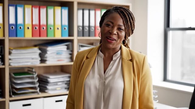 A woman stands in an office space, wearing a yellow blazer. Shelves filled with folders and papers create a professional backdrop for the woman.