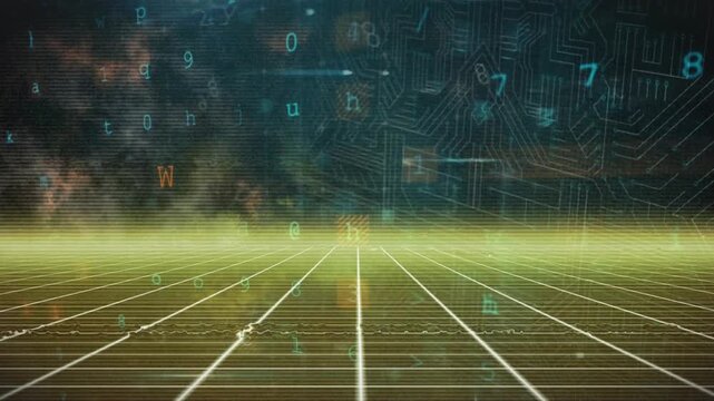 Animation of padlock with circuit board patterns, changing numbers and text over grid pattern