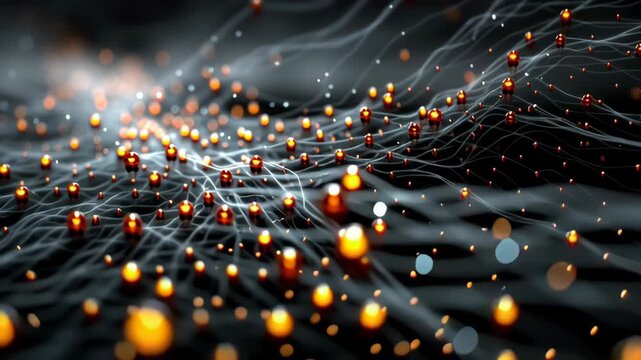 A dynamic digital landscape featuring a complex mesh of waves interwoven with glowing orange particles, creating a futuristic and abstract representation suitable for themes of technology, ai, and mod