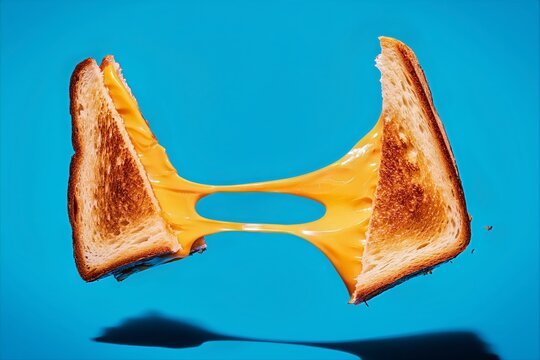 S&aacute;ndwich de queso tostado cortado con queso derretido estir&aacute;ndose, S&aacute;ndwich de queso fundido apetitoso estilo moderno minimalista, Fondo azul vibrante para anuncio de comida r&aacute;pida espacio para texto