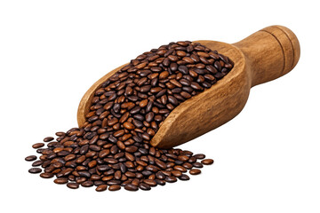 Roasted watermelon seeds spilling from a wooden scoop, serving healthy snacks and organic food with transparent background