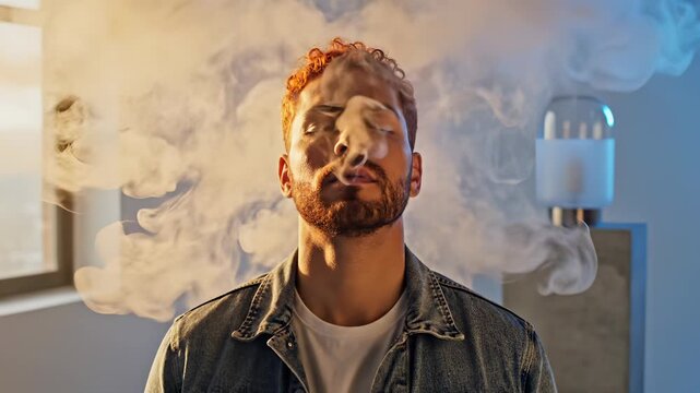 Man exhales vape smoke cloud in sunlit room with window. Bearded male vaping creates vapor cloud indoors. Man with vape produces smoke effect. Vaping man exhales cloud with sunlight streaming in.