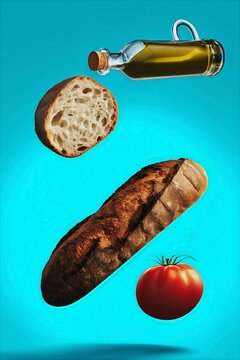 Pan r&uacute;stico tomate aceite de oliva levitando fondo azul, Fondo llamativo para publicidad de comida espa&ntilde;ola espacio para texto, Art&iacute;culo de blog ingredientes de dieta mediterr&aacute;nea comida natural
