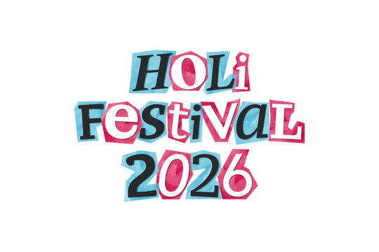 Holi Festival 2026 magazine cutout message clip art. Vector illustration with hindu spring festive text in 90s design for sticker, print, badge