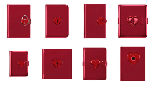 Red heart journal set including various locked diary designs with buckles and keyholes isolated. Romantic stationery and secret notebook collection.