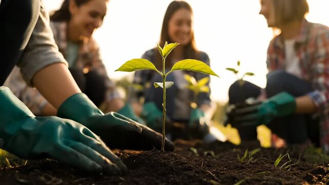 group plant sapling in garden soil. hand with glove press earth around plant. other hand pat soil to secure sapling. people kneel and tend young root. sunlight warm ground during day. soil settle.