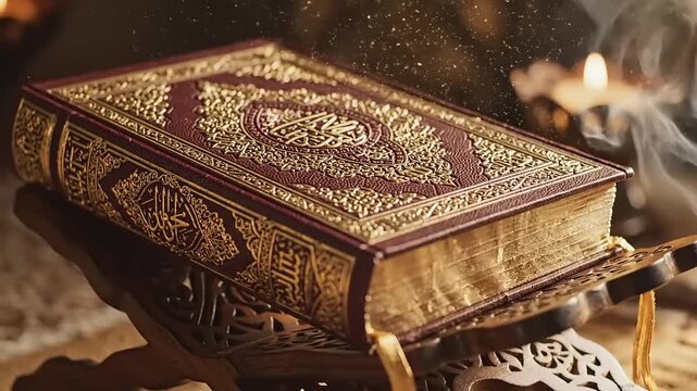 Ornate Leather Bound Book on Stand.