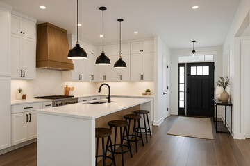 Modern luxury kitchen interior featuring a white island, shaker cabinets, black hardware, wood accents, and an open concept view to the entryway.